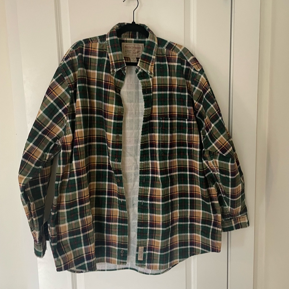 Abercrombie Authentic Originals Big Shirt Mens XL Green Plaid Corduroy Shirt